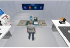 A virtual reality rendering of a person learning how to work alongside robots.